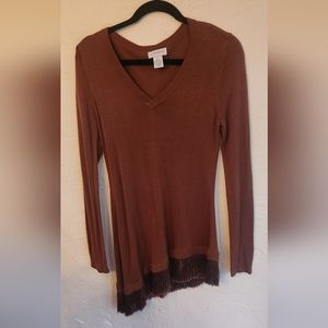 Unique, asymmetrical sweater. Beautiful chesnut color. Hem lined with fringe.
